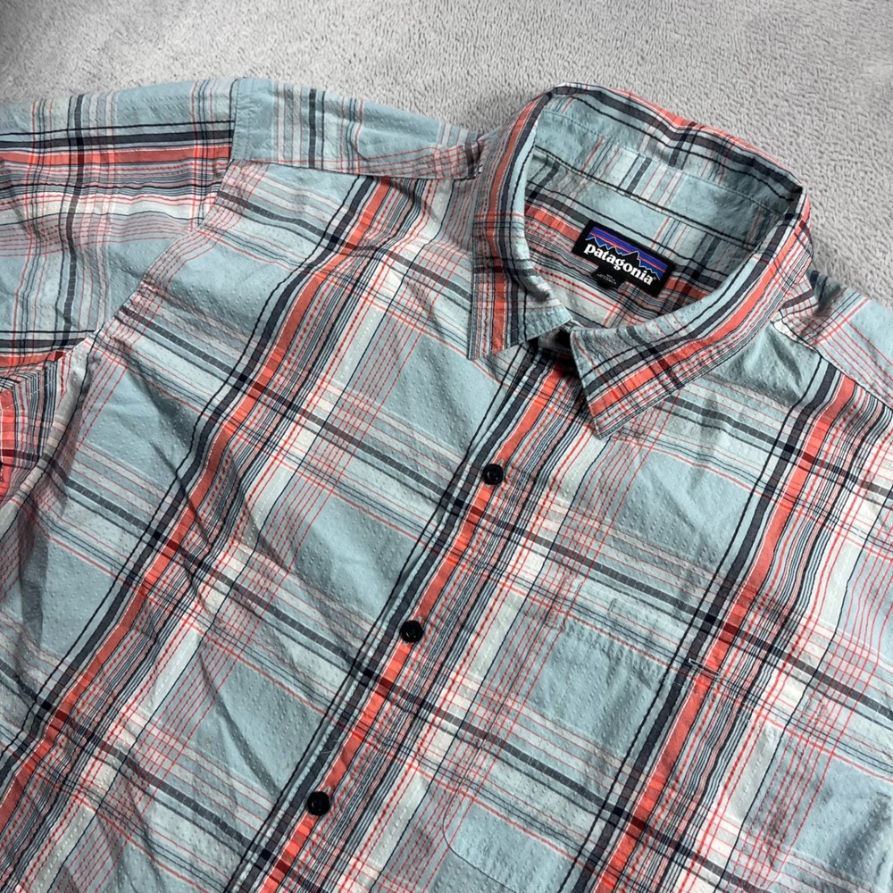 Patagonia Mens Puckerware Short Sleeve Plaid Shirt XL Blue Orange 53004 SP16